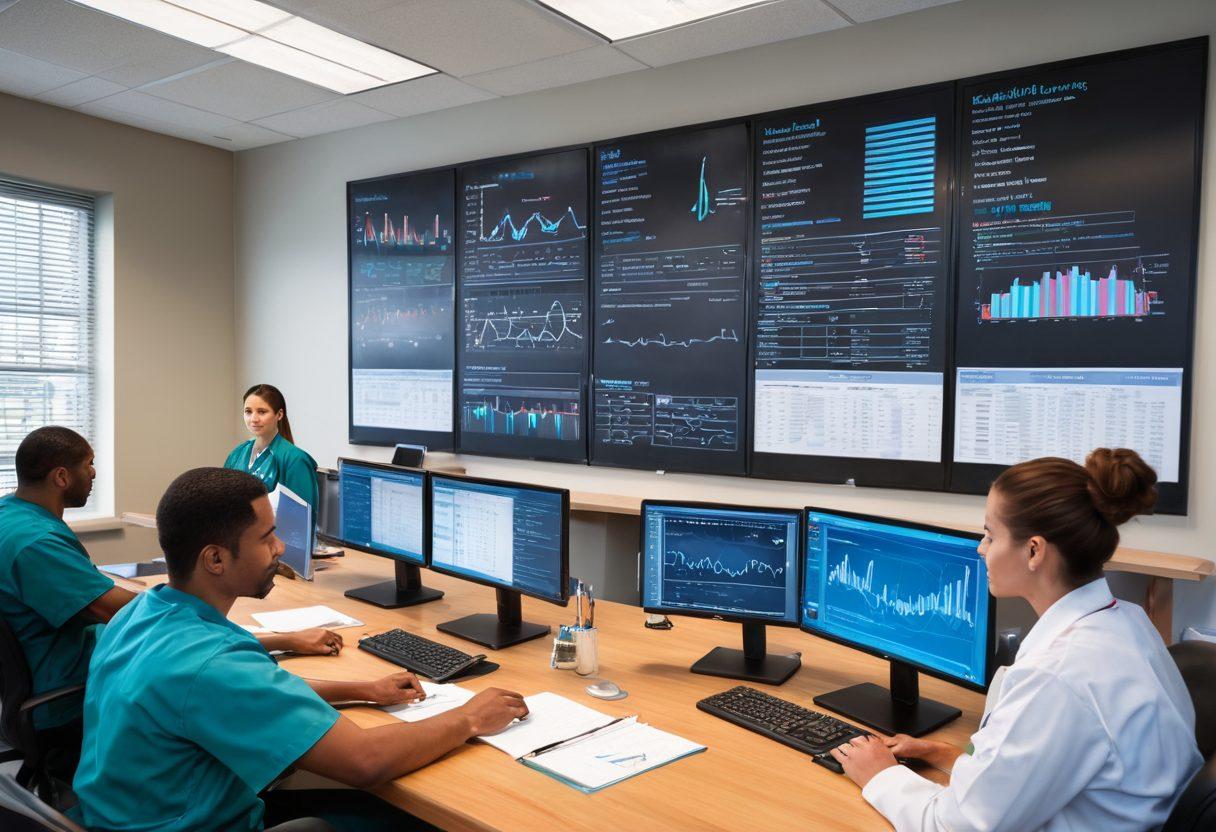 A professional medical billing office scene, with focused healthcare workers analyzing financial reports and medical charts. Include digital screens displaying medical billing software, piles of paperwork, and a chalkboard with strategic plans for revenue optimization. The atmosphere should convey teamwork and efficiency in optimizing healthcare finances. super-realistic. vibrant colors. 3D.