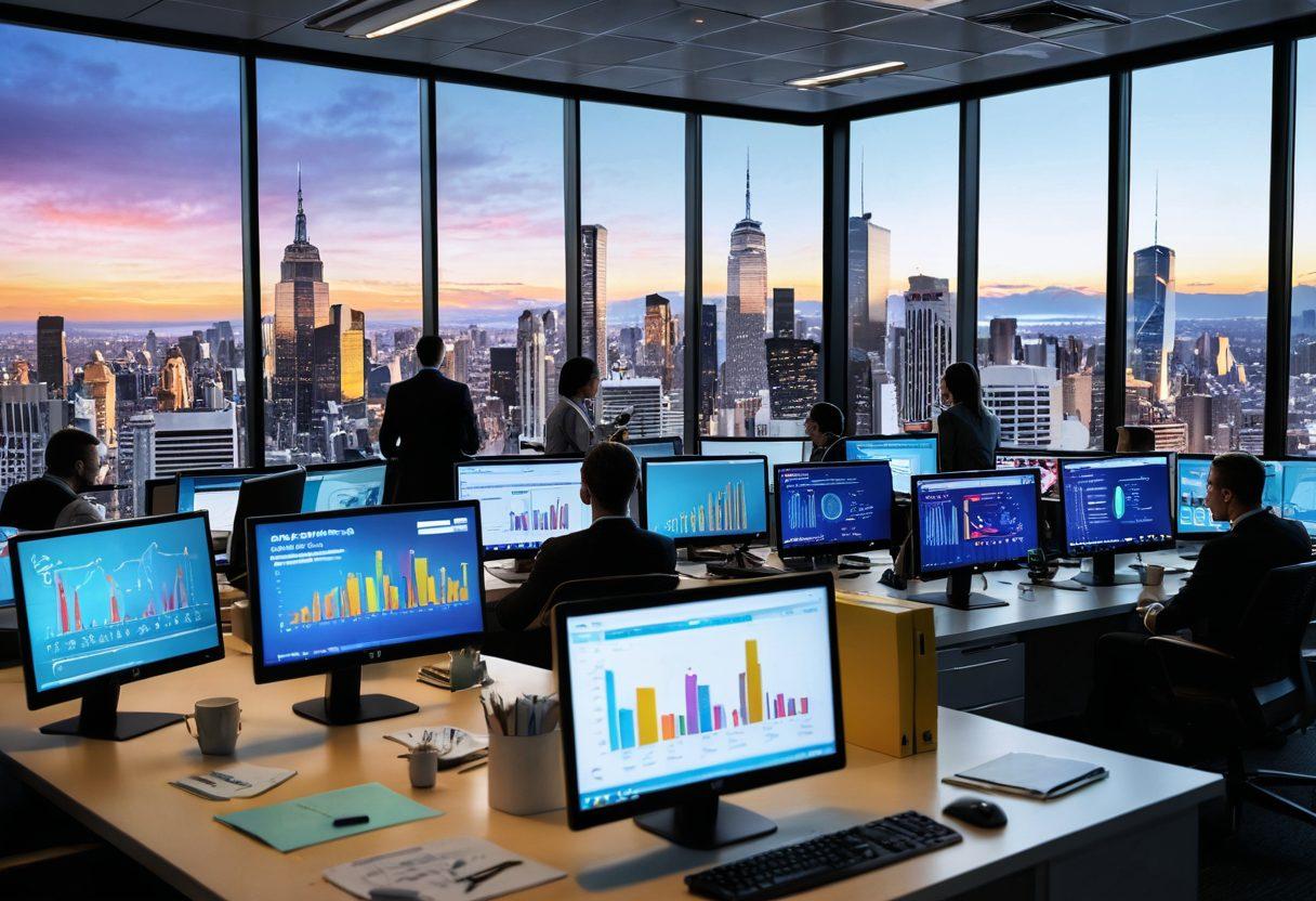A dynamic office scene depicting a diverse group of professionals analyzing insurance claims on digital screens, with charts and graphs showing upward trends in profitability. Include elements like sticky notes and coffee cups to show a collaborative environment. The background can feature large windows with a city skyline to symbolize growth and opportunities. super-realistic. vibrant colors. 3D.