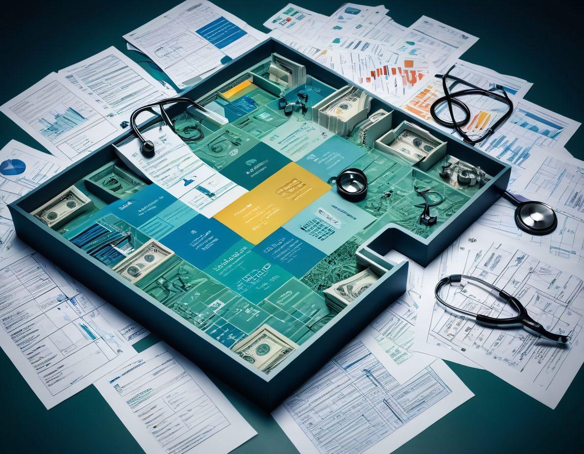 A dynamic collage showcasing healthcare finance concepts: a maze-like structure made of bills, payment receipts, and medical documents, intertwined with a calculator and a stethoscope. Diverse healthcare professionals collaborate over charts and graphs, symbolizing billing and reimbursement complexities. A digital interface displays real-time financial data, emphasizing modernization in healthcare finance. The color palette should be a blend of clinical blues and greens with hints of vibrant yellows for contrast. super-realistic. vibrant colors. 3D.